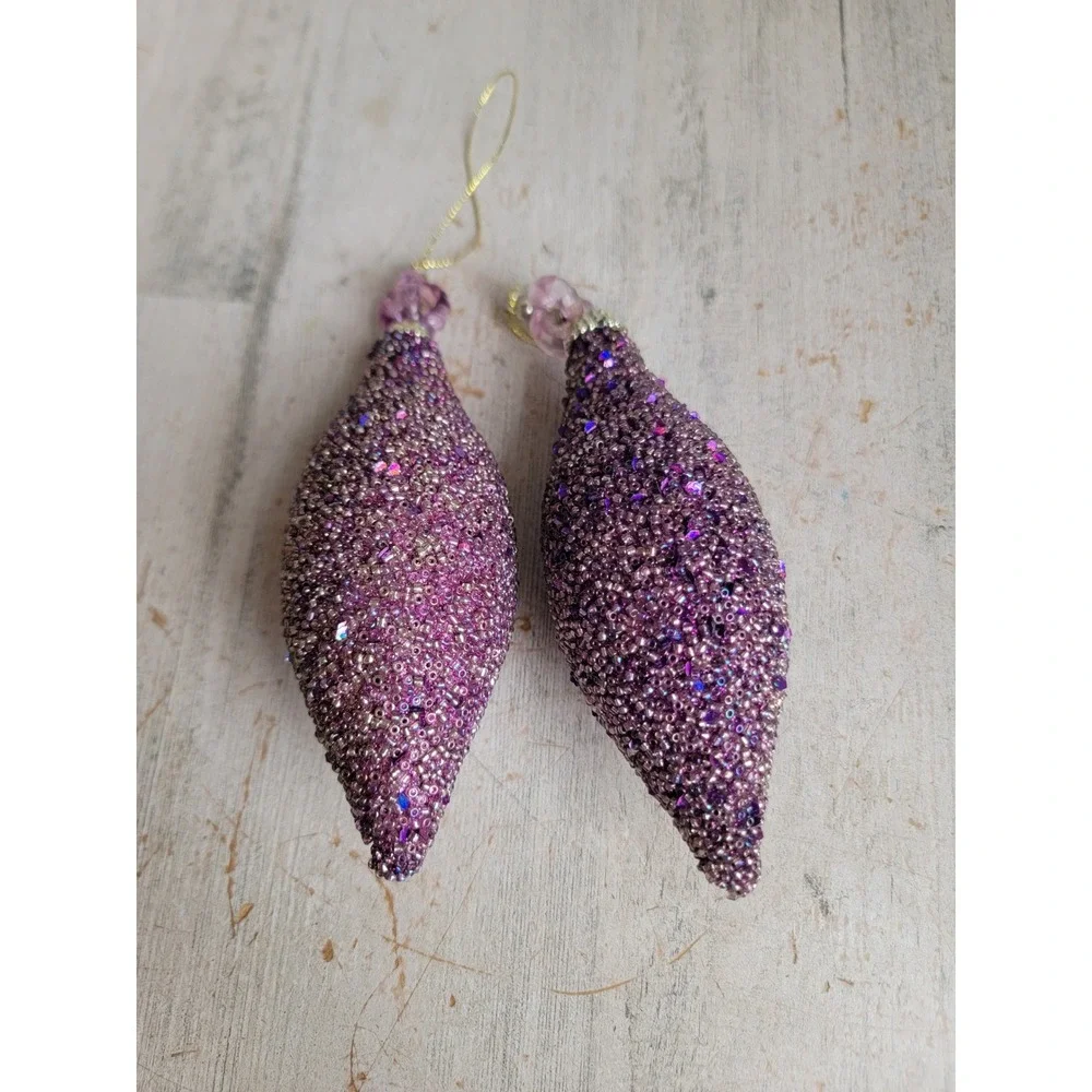 Abstract purple beaded sequin glitter ornament Xmas vintage set unique Home